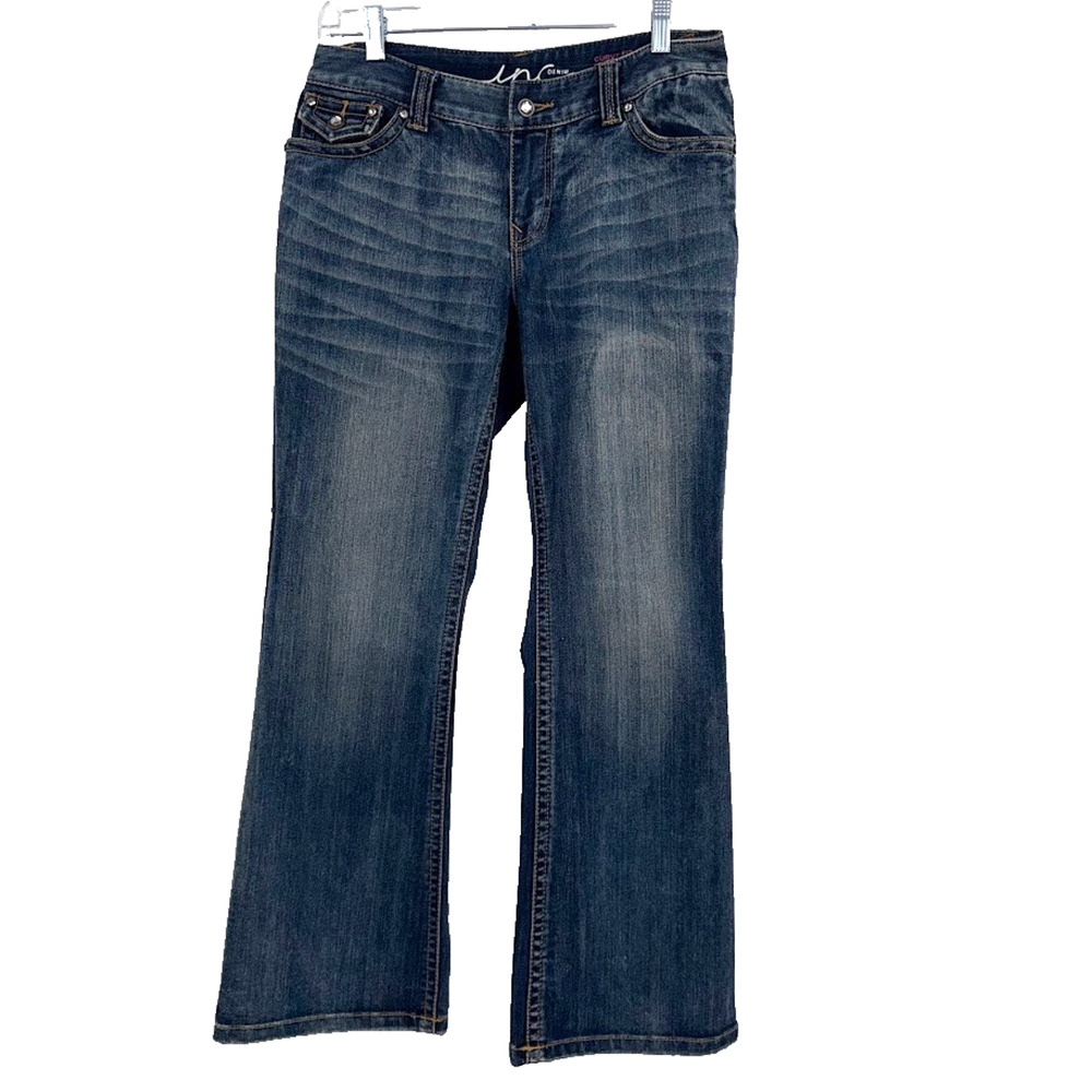 International Petite Womens Jeans 8P Bootcut Rhinestone Medium Wash Stretch